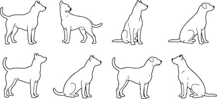 Eight Black and White Line Drawings of Dogs in Various Poses Standing Sitting and Facing Different Directions Simple Canine Illustrations vector