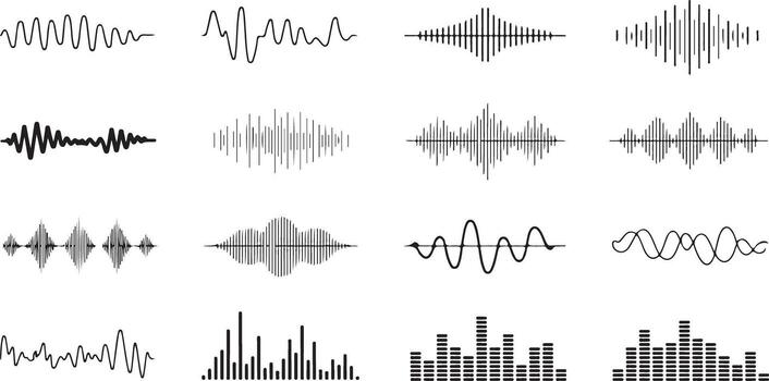 doce negro y blanco rastreado sonido formas de onda y audio espectro visualizaciones aislado en blanco antecedentes gráfico diseño elementos vector