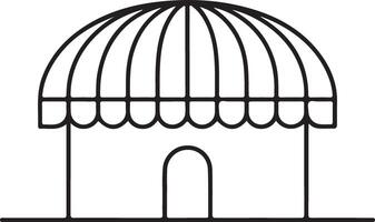 Black and white silhouette traced illustration of a small building with a striped arched awning and a single arched doorway simple line art vector