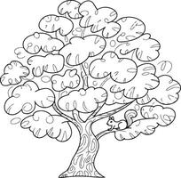 Black and White Line Drawing of a Stylized Tree with a Squirrel Silhouette Traced in the Branches Detailed Foliage and Textured Trunk vector