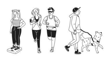 Illustration of cartoon characters doing outdoor activities. A girl stands on scales, two people are jogging, and a man walks his dog. The style is minimalist and monochrome. vector
