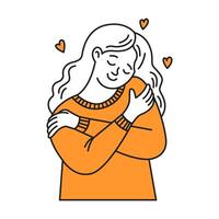 Illustration of a woman in orange embracing herself joyfully. She represents selflove and acceptance with hearts around. Simple lines and vibrant colors enhance the positive emotion. vector