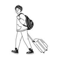 Illustration of a cheerful traveler with a backpack. He pulls a suitcase, exuding joy and excitement. Monochrome style highlights travel aspiration. vector