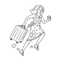 Illustration of a woman running with a suitcase and coffee. Dressed in a polka dot dress and sneakers, she appears in a hurry. Black and white line drawing style. vector