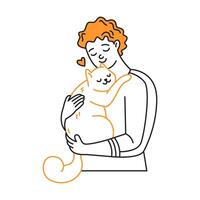 Line art illustration of a smiling person hugging a relaxed cat. Simple design with black and orange outlines on a white background. Represents affection and comfort. vector