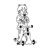 Black and white drawing of a girl joyfully eating ice cream. She wears a helmet and stands near a scooter. The illustration is minimalistic and playful. vector