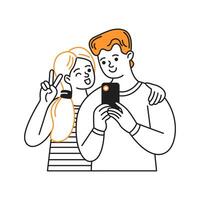 Digital drawing of a cheerful couple taking a selfie with a smartphone. One of them is making a peace sign. The background is simple and white, highlighting their expressions. vector