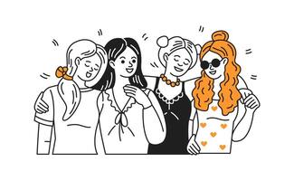 Illustration of four smiling women in casual attire showing friendship and joy. Colorful and modern style with simple lines. Perfect for representing sisterhood. vector