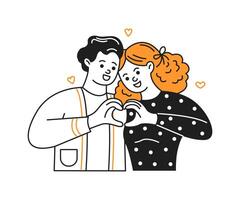 Cartoon illustration of a smiling couple creating a heart shape with hands. Vibrant and cheerful mood. Minimalist design with hints of orange and black. vector