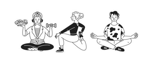 Three cartoon characters engage in various fitness activities. The first character balances food and a dumbbell. The second performs a stretching exercise. The third meditatively sits crosslegged. vector
