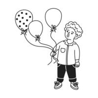 Playful child holding balloons. Black and white illustration. The child is smiling with joyful expression. Balloons add a festive touch. Simplistic line art style. vector