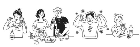 Black and white line art of people engaged in healthy habits. From taking supplements to blending fruits. Highlighting importance of strength and hydration in daily life. vector