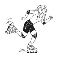 Illustration of a happy person roller skating. Wearing protective gear, they glide swiftly on inline skates. Black and white style represents dynamic movement. vector