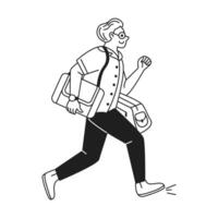 Black and white line drawing of a man with glasses and a smile. He is energetically walking while carrying a shoulder bag and a suitcase. Dynamic and minimalist style. vector