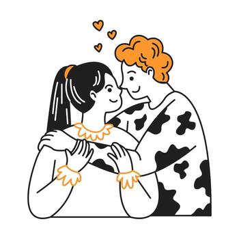 Cartoon couple in love embracing with affection on a white background. Smiling faces create a joyful and harmonious atmosphere. Ideal for expressing romance. vector