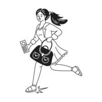 Young woman in hurry with a bag and documents. Energetic and motivated. Black and white illustration. Captures dynamic movement and determination. vector