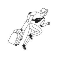 Cartoon of a young man hurrying with a suitcase. Black and white style. Represents travel urgency and modern lifestyle. Minimalist design on white background. vector
