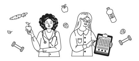 Two nutritionists are planning a healthy lifestyle with a cheerful demeanor. One holds an apple, the other points to a diet plan. Background is filled with fruits and fitness items. vector