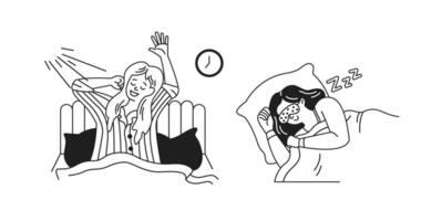 Black and white illustration of a woman stretching joyfully in bed while another sleeps peacefully with an eye mask. Simple bedroom scene portraying different sleep phases. vector