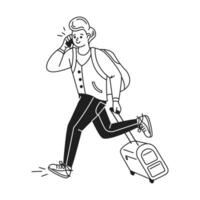 Illustration of a young traveler energetically running with suitcase and phone. Stylish outfit and backpack suggest excitement. Simple black and white design. vector