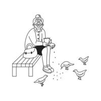 Line drawing of elderly woman feeding birds in peaceful setting. She sits on bench holding bag of seeds. Birds gather around her in serene and simple style. vector