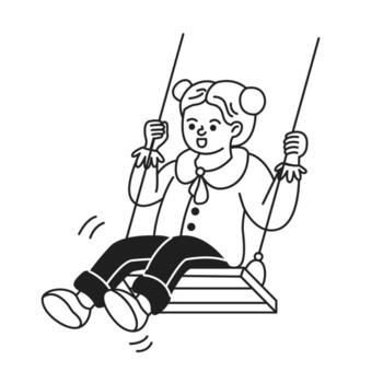 Illustration of a cheerful child playing on a swing in black and white line art style. The playful expression captures joy and movement in a simple cartoon design. vector
