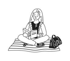 Illustration of a girl reading peacefully on a striped blanket. She appears content and focused. A backpack sits nearby. Black and white line art style. vector