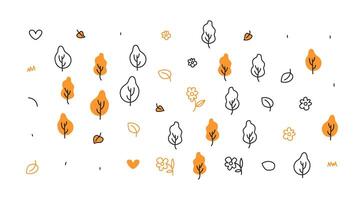 Minimalist autumn pattern with stylized trees and leaves. Orange and black lines create a modern yet festive atmosphere. Ideal for seasonal backgrounds and designs. vector
