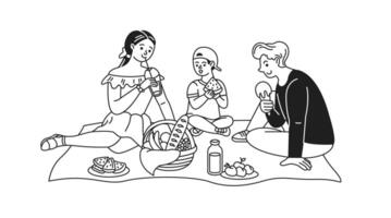 Family having a picnic with cheerful mood. They are enjoying food and drinks together on a blanket. Monochrome line art style highlights simplicity. vector
