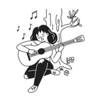 Cartoon woman playing guitar with peaceful expression under tree. Music notes float around her. Black and white drawing with simple lines and serene mood. vector