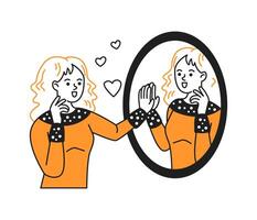 Cartoon woman happily looking at herself in mirror with hearts around. Her joyful expression conveys selflove and confidence. Illustration in orange and black. vector
