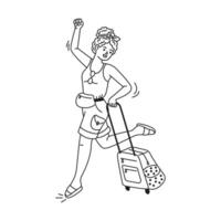 Line art illustration of a cheerful woman with curly hair pulling a suitcase. Skipping with joy and excitement. Dressed casually with a pack, on a white background. vector