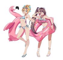 Girls with flamingo float toys vector