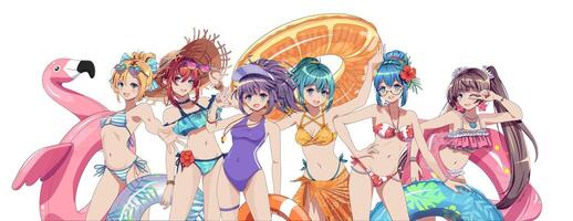 Animated characters at a summer pool party vector