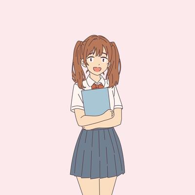 Anime girl in school uniform with cheerful expression holding blue notebook. She stands on a light pink background. Illustrates youthful energy and education themes.