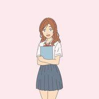 Cute illustration of a smiling anime girl in a school uniform holding a book. Her expression is cheerful and inviting. The background is a solid light pink color. vector
