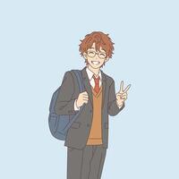 Anime student smiling cheerfully with glasses and backpack. Flashing a peace sign on light blue background. Perfect for showcasing youthful energy and style. vector