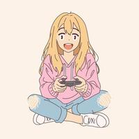 Anime girl with joyful expression playing games. She is wearing casual clothes sitting crosslegged on simple background. Perfect for gaming and youth themes. vector