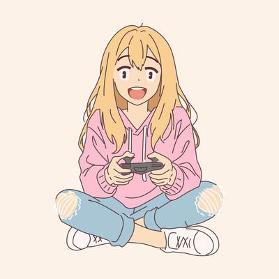 Anime girl with joyful expression playing games. She is wearing casual clothes sitting crosslegged on simple background. Perfect for gaming and youth themes.