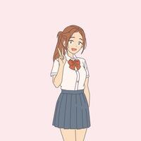 Anime girl in a school uniform with a joyful expression. Making a peace sign on a soft pink background. Captures youthful energy and animated style. vector