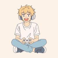 Illustration of a joyful anime boy gaming with headphones. He is holding a controller and sitting crosslegged. The style is clean and colorful on a neutral background. vector