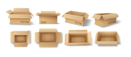 Collection of open cardboard boxes displayed in multiple angles and perspectives. Brown color with clear shadows. Useful for shipping, storage, and packaging concepts. vector