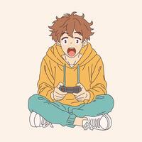 Anime boy showing excitement while playing game. Seated with controller and open mouth. Yellow hoodie and teal pants. Bright and engaging cartoon illustration. vector