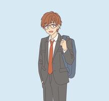 Anime style illustration of a young male student with glasses smiling confidently while wearing a formal suit and holding a backpack on pale blue background. vector