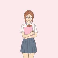 Illustration of a cheerful anime girl in a school uniform holding folders. Background is simple and pink, giving a soft and friendly vibe. vector