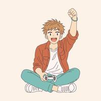 Anime style illustration of a young happy male raising his fist in victory. He is sitting crosslegged, holding a game controller. Light neutral background. vector