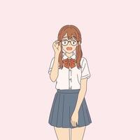 Anime style illustration of a joyful schoolgirl wearing glasses and a uniform. She stands against a soft pink background, exuding youthful energy and charm. vector