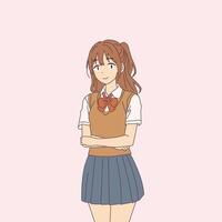 Anime style image of a smiling schoolgirl in a uniform. She stands confidently with crossed arms on a soft pink background, depicting a sense of readiness and joy. vector