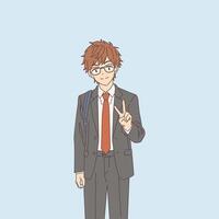 Animestyle illustration of a young man with glasses wearing a suit and tie. He shows a peace sign while standing against a light blue background. His expression is cheerful. vector