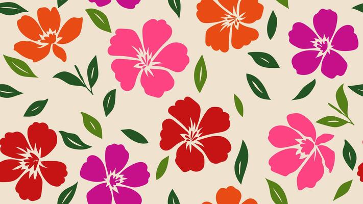 Colorful hibiscus flower and green leaf seamless pattern design for summer holiday background